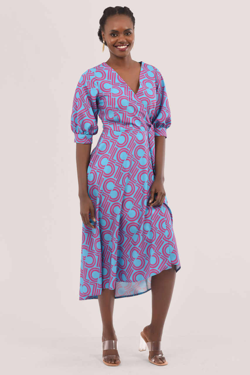 Closet London | Blue Puff Sleeve Wrap Print Dress